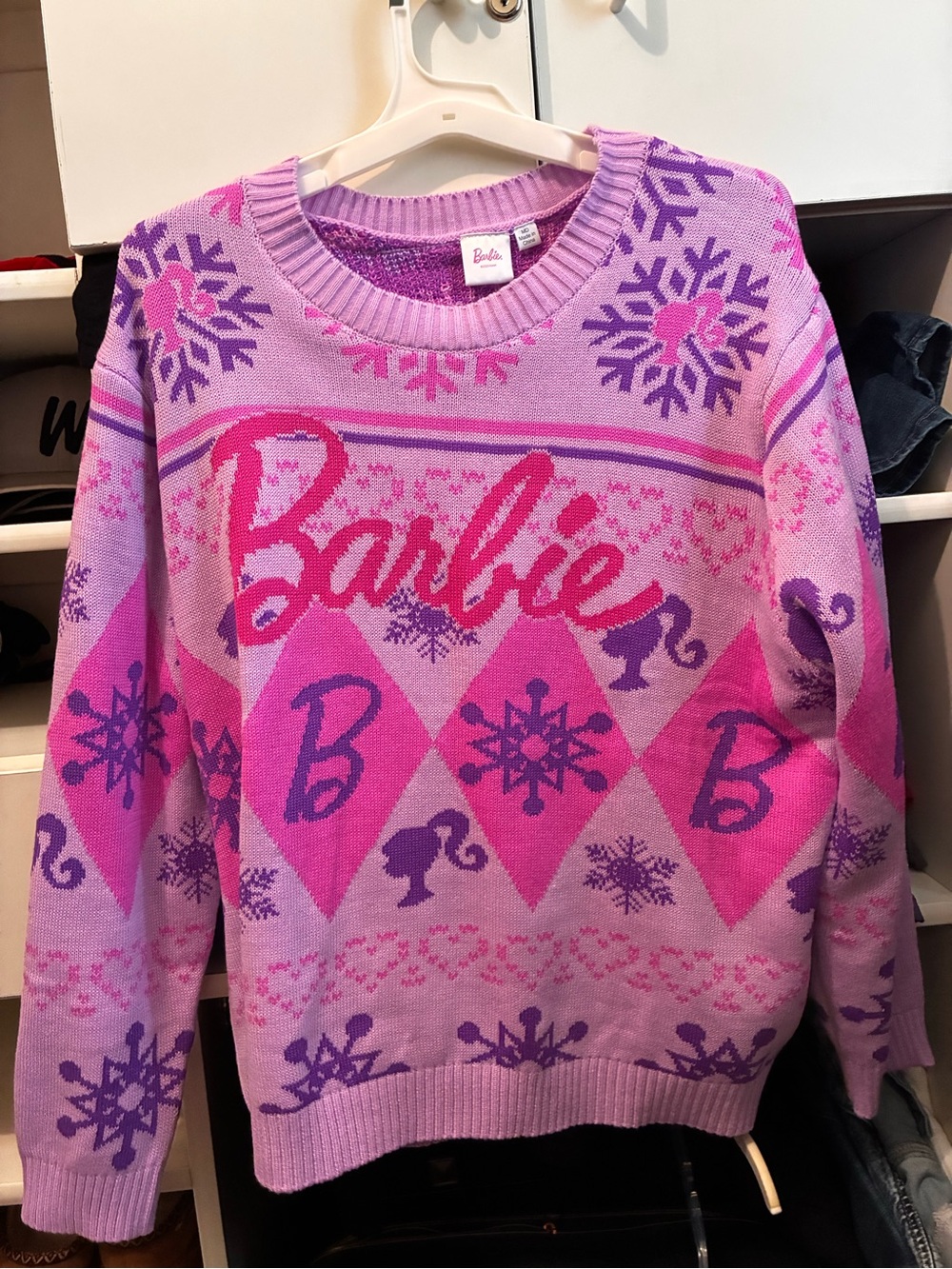 Barbie Pink & Lavender Patterned Knit Crewneck Sweater - Women's